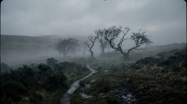 A Winding Path Through a Misty, Overcast Landscape with Bare Trees
