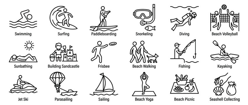 Comprehensive collection of various beach and summer activities depicted as simple black outline icons on a clean white field