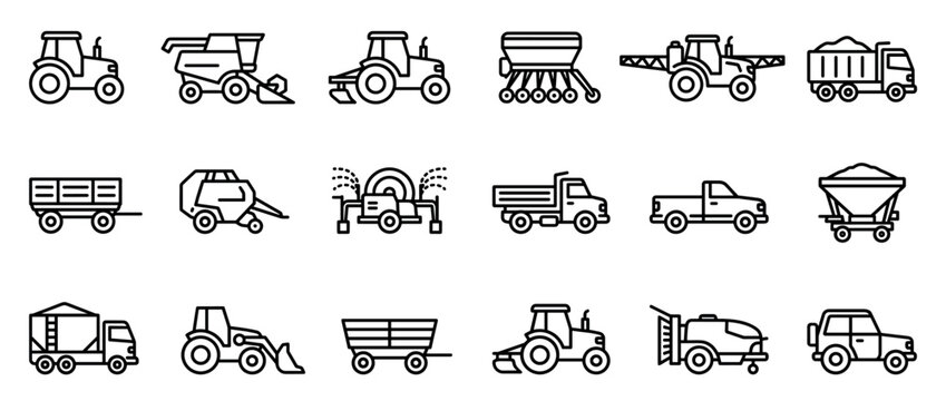Collection of various farm machinery and agricultural vehicles depicted as simple black outline icons on a white field