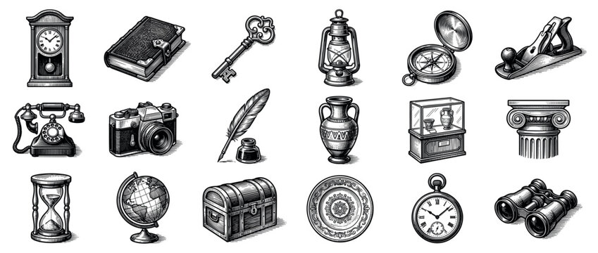 Collection of vintage objects, including a clock, book, key, lantern, and compass, rendered in a detailed engraving style