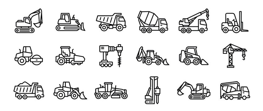 Comprehensive collection of various construction vehicles and heavy machinery icons, depicted in a clean outline style