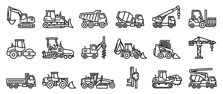 Comprehensive collection of various construction vehicles and heavy machinery presented as clean, black outline icons on a white field