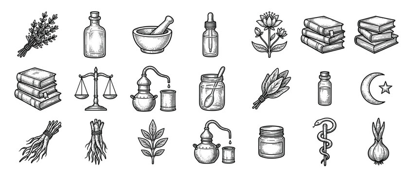 Various hand-drawn vintage illustrations of herbal medicine, alchemy tools, ancient books, and symbolic elements in a classic engraving style