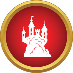 Obraz premium White silhouette of a fairytale castle resting on clouds within a red and gold circle