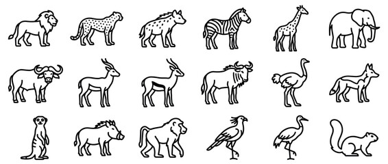 Fototapeta premium Collection of various African safari animals depicted as simple black outline icons on a clean white field