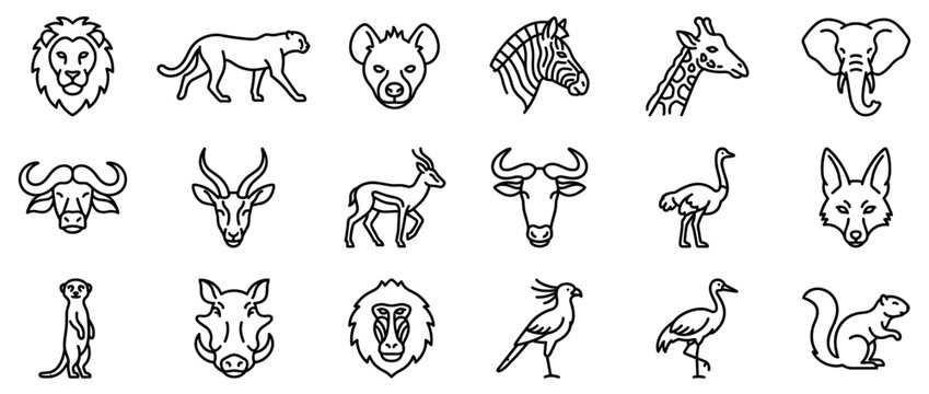 Collection of various African safari animals depicted as simple black outline icons in a clean, minimalist style