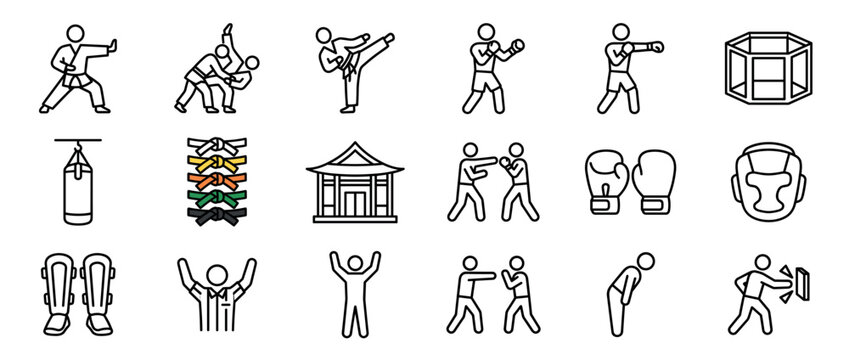 Various martial arts and boxing line icons, including fighters, equipment, and traditional dojo elements, rendered in a clean, minimalist style