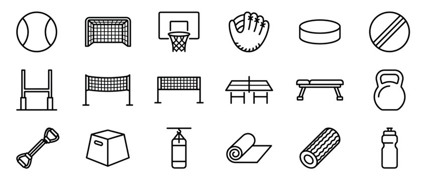 Collection of various sports and fitness equipment icons, presented in a clean, simple outline style