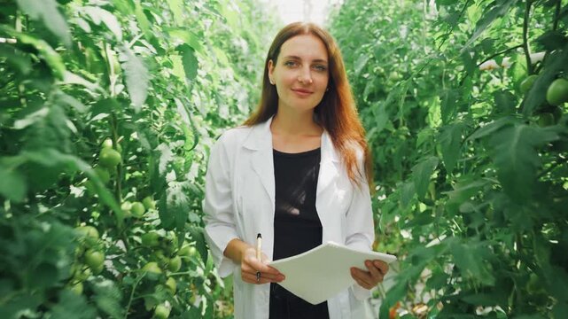Scientist checks greenhouse conditions. Female researcher observes crop development carefully. Female researcher evaluates plant growth and safety protocols in sunlightlit agricultural environment