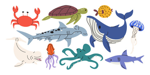 Marine life and sea animals vector illustrations set. Ocean wildlife collection with whale, shark, turtle, octopus, crab, jellyfish, squid and pufferfish for stickers, prints, kids © luamor
