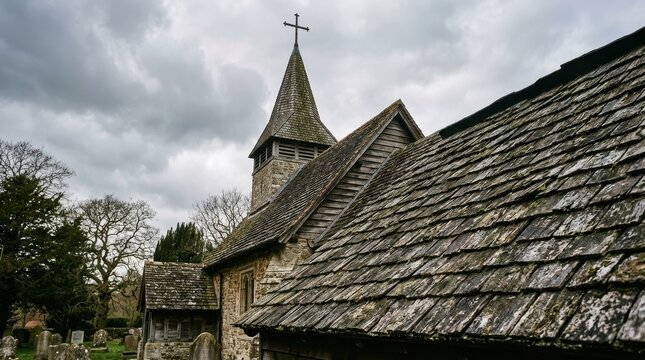 Ancient Stone Church Building with Wooden Steeple and Cross Under Overcast Sky