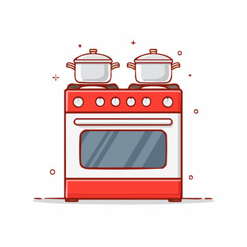 Cartoon illustration of a red and white stove with pots