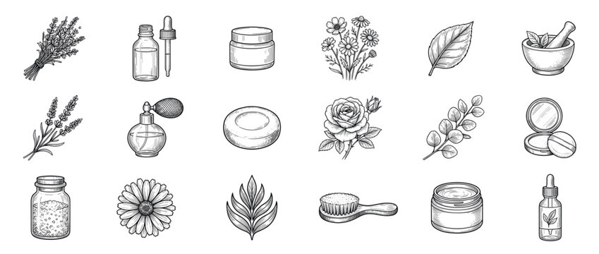 Various hand-drawn beauty and cosmetic items, including lavender, flowers, bottles, and makeup, rendered in an intricate engraving style