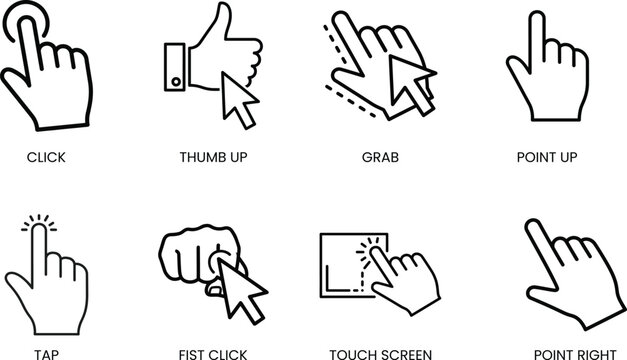 "Hand Cursor Icons Vector Set - Click, Tap, Point, Thumb Up, Grab, Touch Screen, Gesture, Line Art, Clipart Bundle"