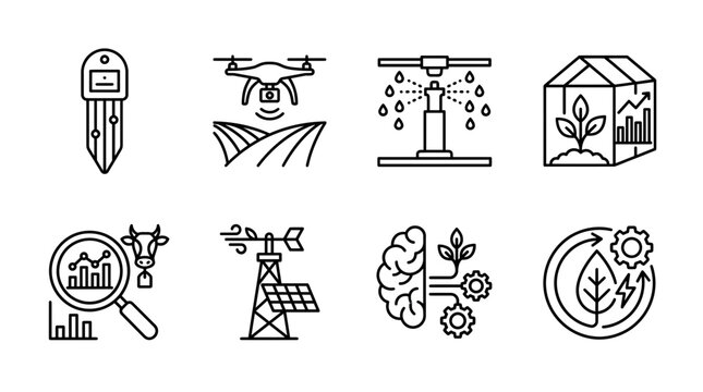 Smart Agriculture and Precision Farming Technology Line Icons