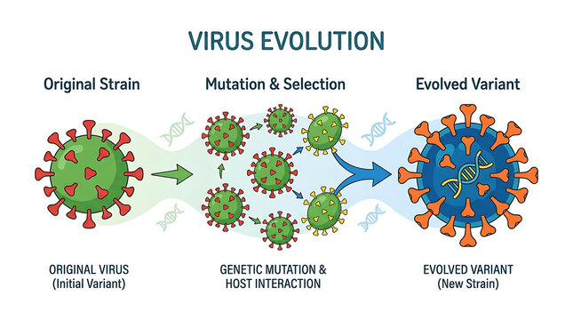 The virus evolution process shows a mutation from the original strain to an evolved variant.