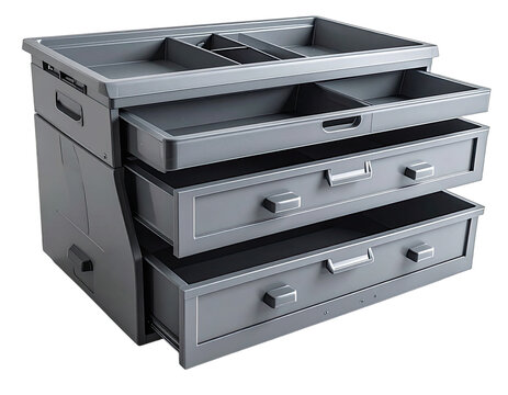 Gray plastic multi-level organizer with open drawers and compartments