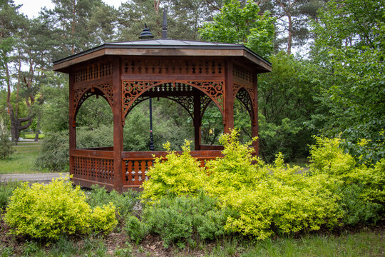 Wooden gazebo in a city park in Otwock near Warsaw, Poland.