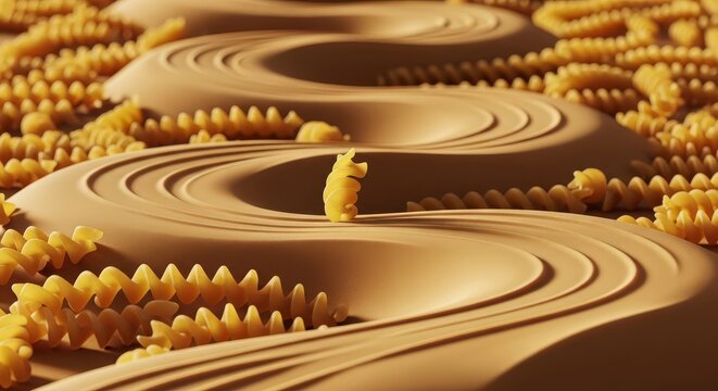 Macro photography of golden spiral pasta spirals creating abstract wavy patterns and textures