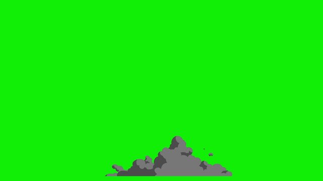 Heavy Dark Grey Smoke Screen and Explosion Cloud Overlay 2D Hand Drawn Cartoon Animation on Green Screen