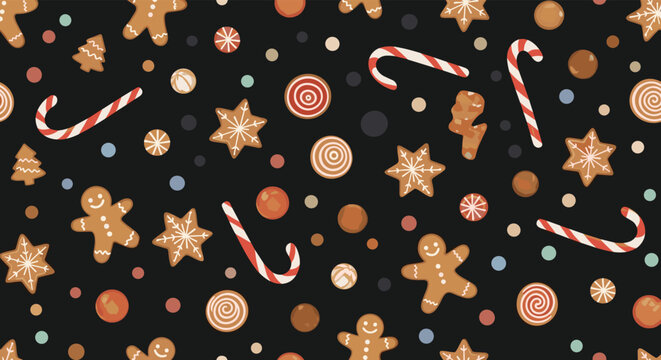 Festive Christmas seamless pattern featuring gingerbread men candy canes and stars on a dark black background.