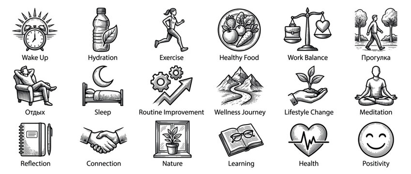 Comprehensive collection of hand-drawn wellness icons, depicting various aspects of a healthy and balanced lifestyle in a clean, illustrative style