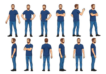 Obraz premium Set of man in tshirt and jeans in different poses