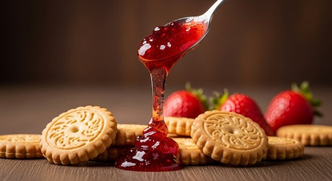 Strawberry jam dripping from a spoon onto biscuits showcasing vibrant red color and sweet texture
