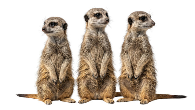 Three meerkats standing alert and looking around on transparent background for wildlife documentary concept and sentinel behavior study group of social suricates in savanna desert watchtower