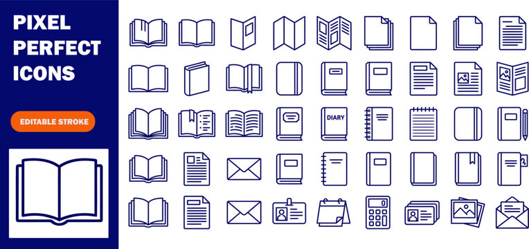 Book line icons set. Open brochure, magazine, literature, dictionary, audiobook, learning, encyclopedia education, information reference vector illustration. Outline sign for library. Editable Stroke