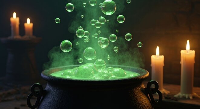 Bubbling cauldron; glowing potion, spooky, candles