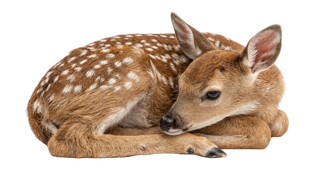 Adorable baby deer, or fawn, gracefully resting on the ground, showcasing its delicate brown fur with distinctive white spots, embodying innocence and the beauty of wild nature