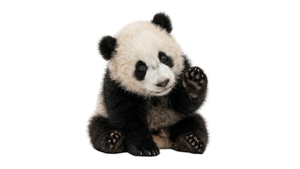Small panda bear cub sitting down, black and white fur, round ears, dark eye patches, waving its paw, playful and cute expression, adorable animal, isolated on transparent background © ATIQULISLAM