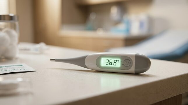 Digital Thermometer Displaying 36.8 Degrees Celsius on a Surface