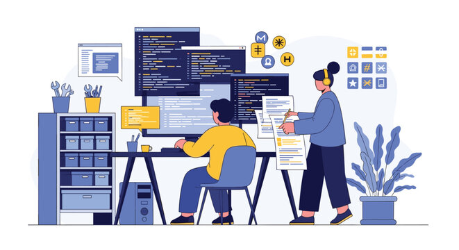 Team of developers working together on complex computer code across multiple monitors in a modern software engineering office.