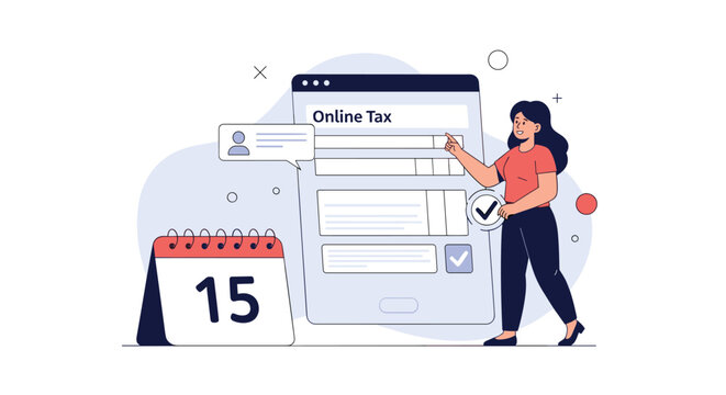 Young woman filling out an online tax form on a large digital display with a calendar showing the upcoming deadline in an office.