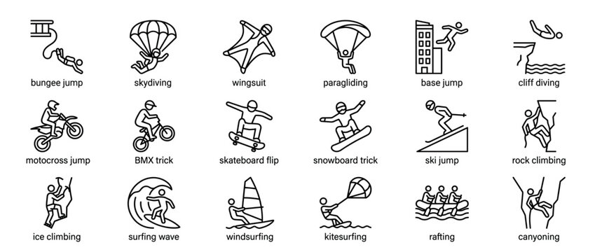 Comprehensive collection of extreme sports line icons, including bungee jumping, skydiving, surfing, and rock climbing, presented in a clean, minimalist style