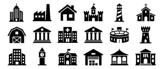 Fototapeta premium Comprehensive collection of various black silhouette building icons, including residential, commercial, and public structures, presented in a clean, modern graphic style