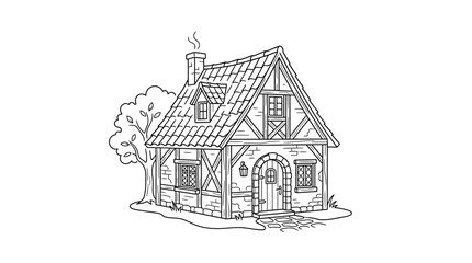 Obraz premium Medieval timber framed cottage line art illustration on white background