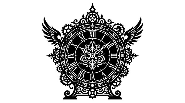 Intricate steampunk clock silhouette with wings and gears