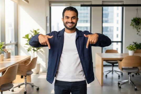Happy businessman pointing down, indicating an important message or direction in a modern office