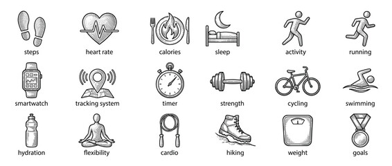 Fototapeta premium Comprehensive collection of hand-drawn fitness and wellness icons, depicting various health-related activities and measurements in a clean, illustrative style