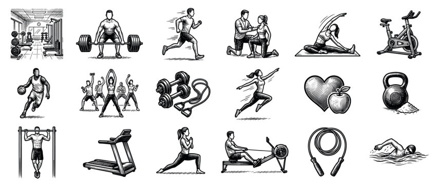 Various black and white fitness and exercise illustrations depict people engaged in different sports and gym activities, rendered in a classic woodcut style