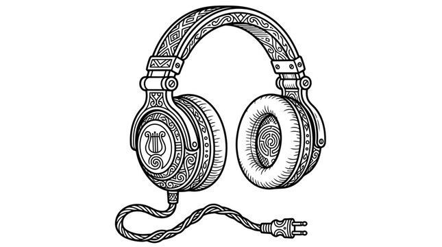 Ornate hand drawn headphones illustration with intricate patterns on white