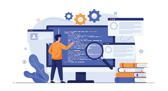 Software engineer auditing source code and debugging computer programs to optimize system performance and ensure high quality development.