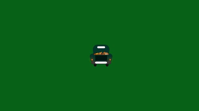 2D Cartoon Animation of Vintage Pickup Truck Loaded with Halloween Jack O Lantern Pumpkins on Green Screen
