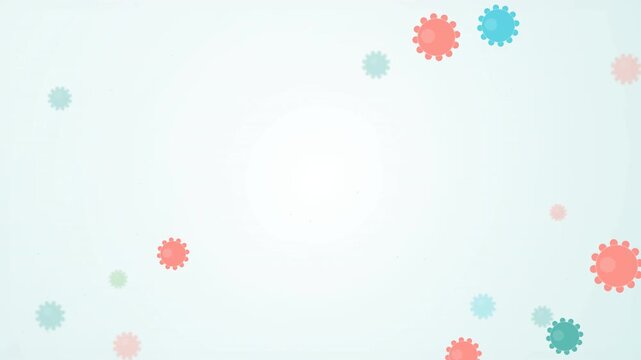 Abstract background featuring colorful, scattered virus-like shapes in pink, red, blue, and green on a light gradient backdrop