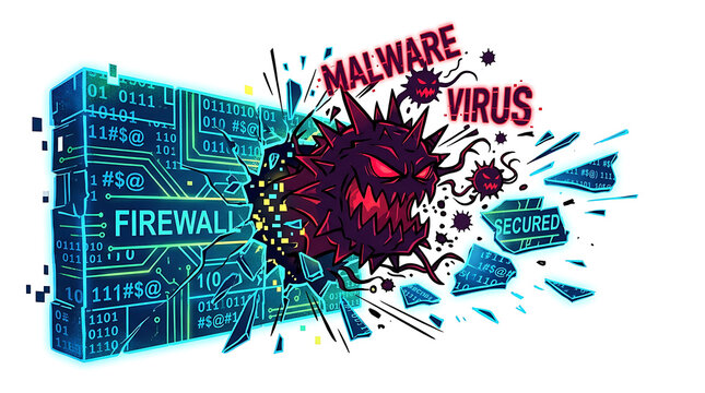 A firewall protecting against a malicious malware virus attack on a computer network system with code and circuit board elements.