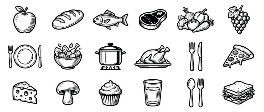 Collection of various food and kitchen items in a classic black and white hand-drawn style, depicting a wide range of culinary elements