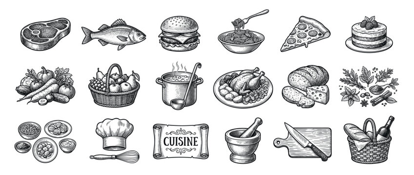 Various hand-drawn food and cooking items are depicted in a vintage engraving style, showcasing a comprehensive culinary collection